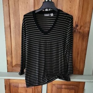 Black and Green Striped V-Neck Women's Blouse